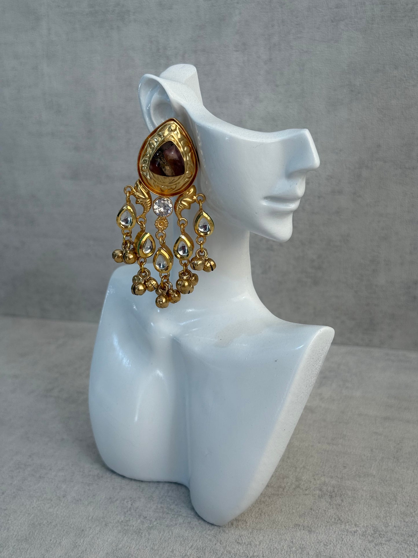 Ayura Designs Arheer Earrings – Brown Marble with Kundan Detailing & Antique Gold Ghungroos