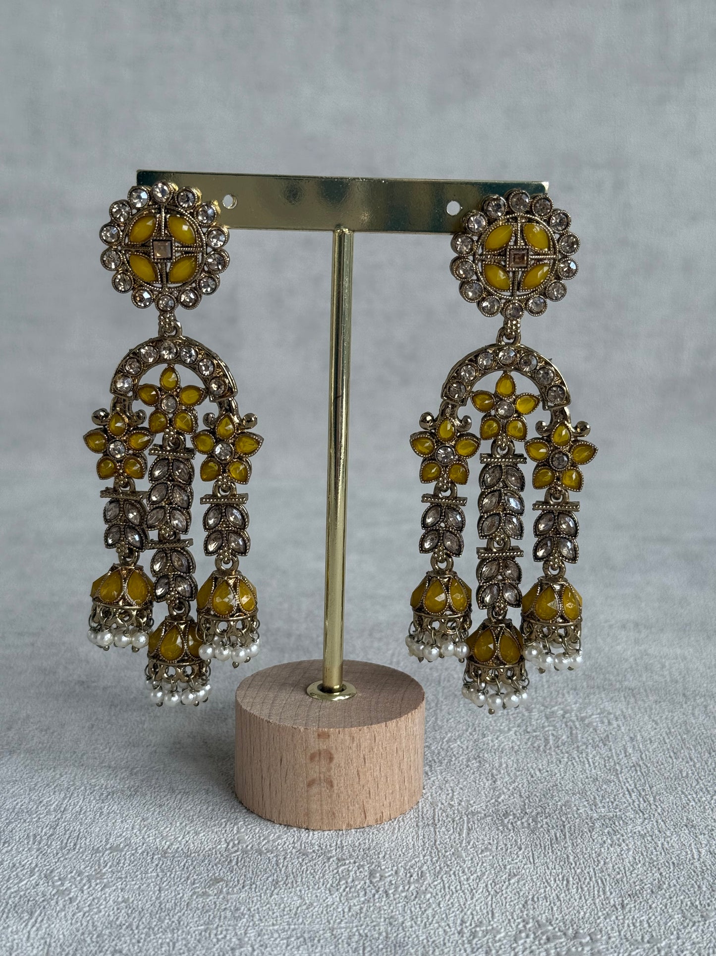 Ayura Designs Soraya Earrings – Yellow Stones, Champagne Crystals, Pearl Detailing & Gold Finish