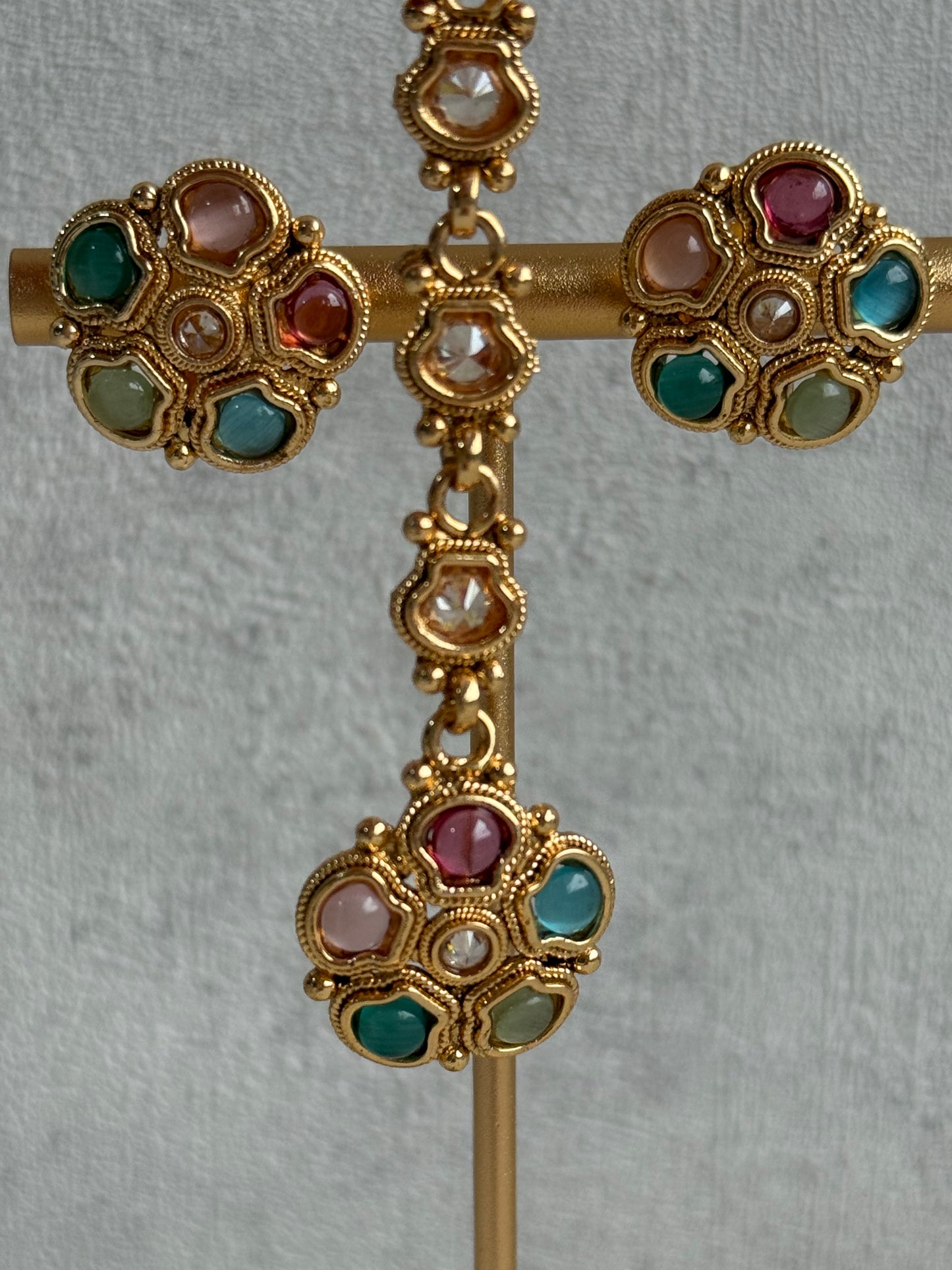 Ayura Designs Amala Set with Necklace, Studs & Tikka – Multicolour Stones & Antique Gold Finish