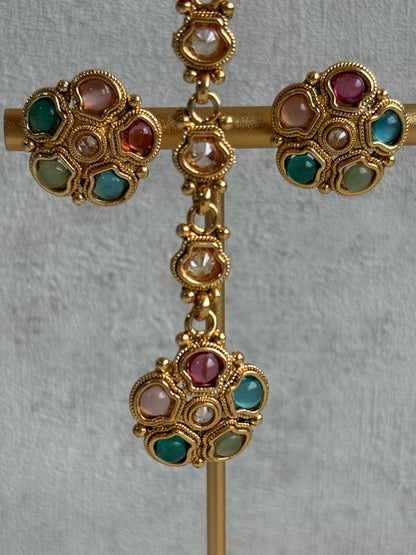 Ayura Designs Amala Set with Necklace, Studs & Tikka – Multicolour Stones & Antique Gold Finish