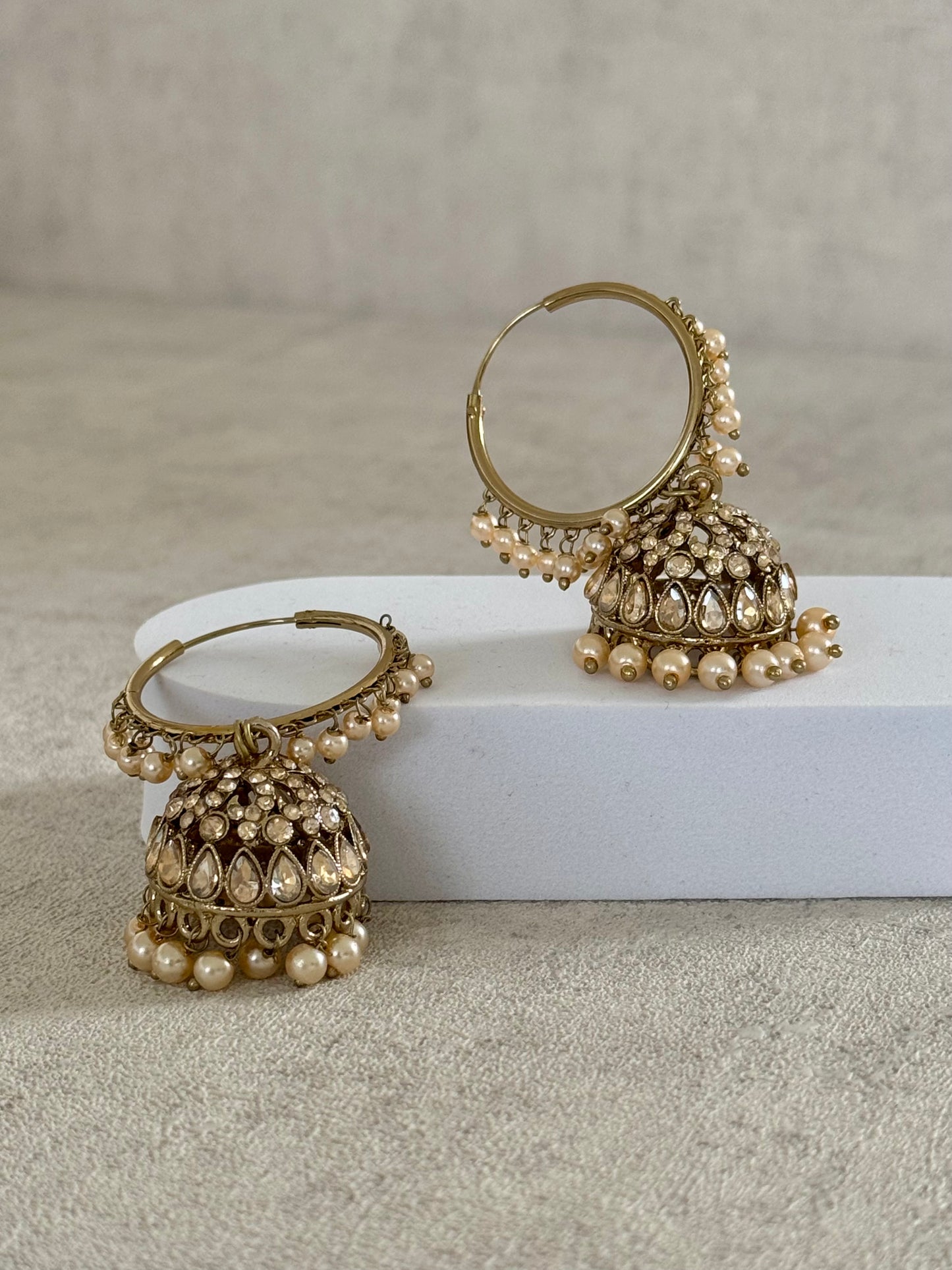 Ayura Designs Jugni Bali Jhumkas – Antique Gold with Ivory Pearl Accents