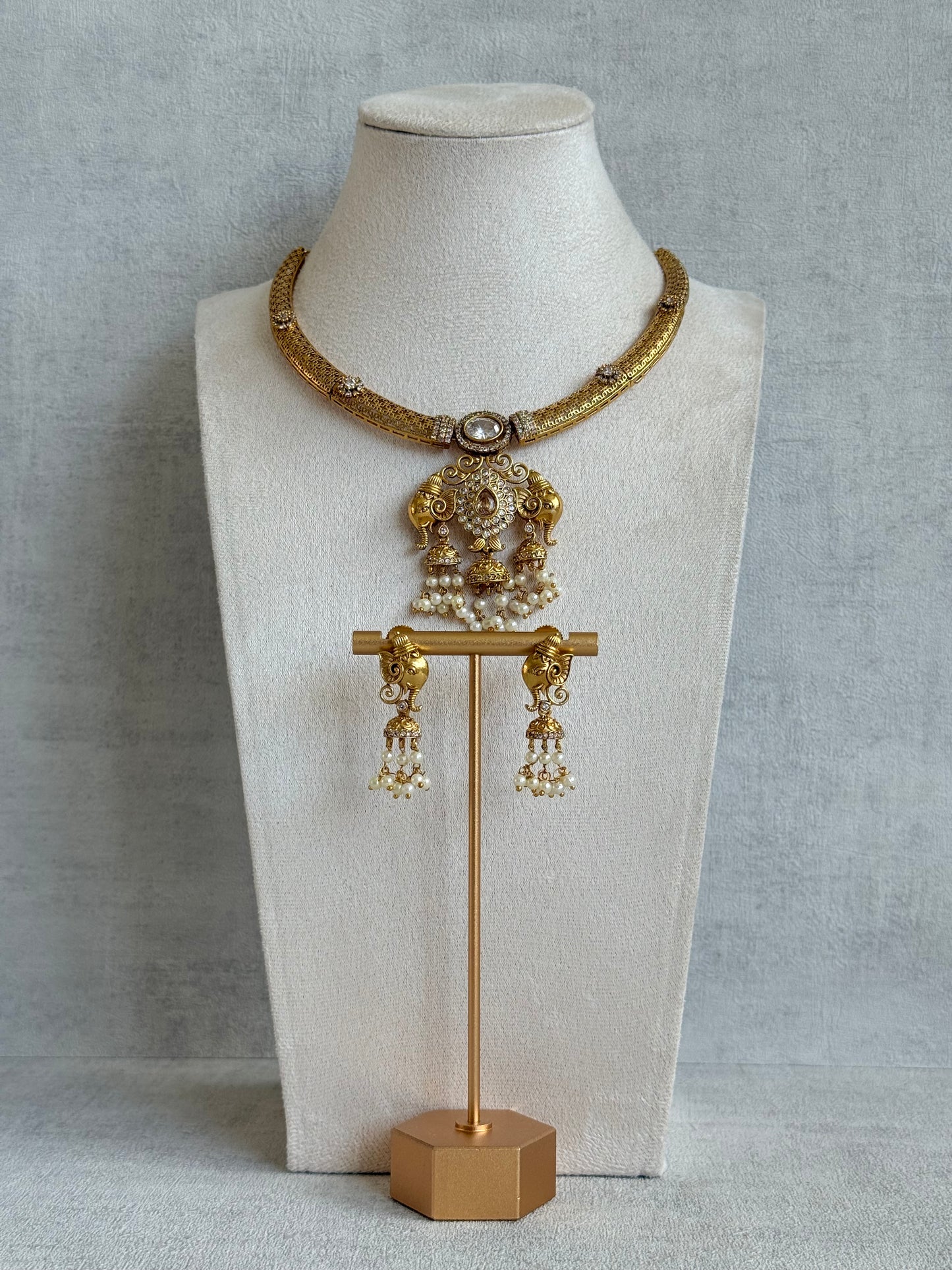 Ayura Designs Wadha Collar Necklace Set with Earrings – Gold Elephant Pendant & White Crystal Detailing