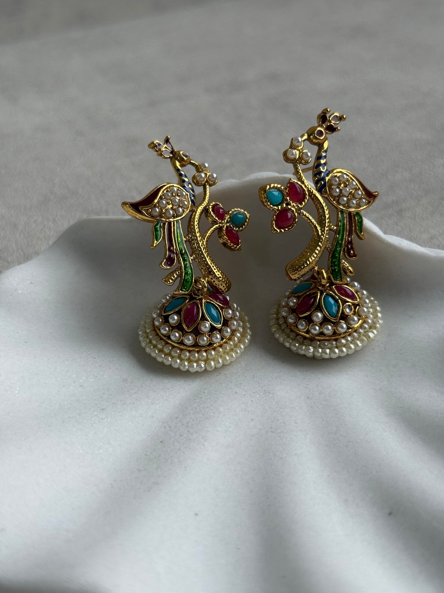 Ayura Designs Mayuri Jhumkis – Gold Peacock Earrings with Multicolour Meenakari & Pearl Detailing