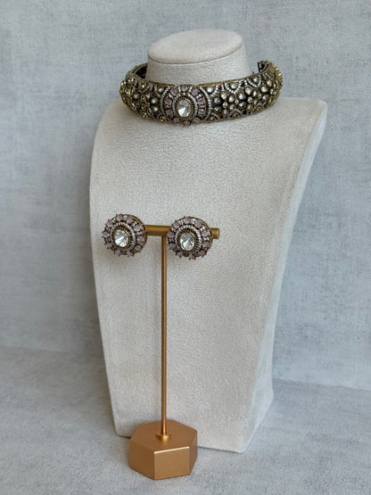Ayura Designs Genevieve Choker Set with Studs – Blush Pink Crystal Kundan in Antique Gold