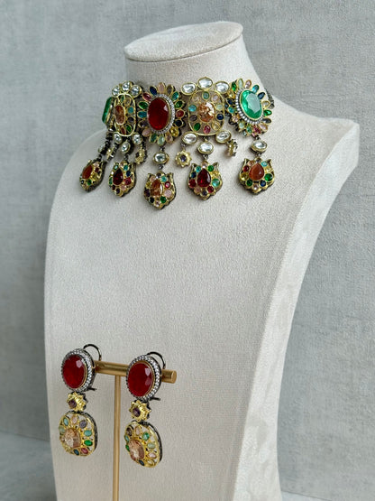 Ayura Designs Verity Choker Set with Earrings – Multicolour Stones, Crystal Accents & Antique Silver Finish