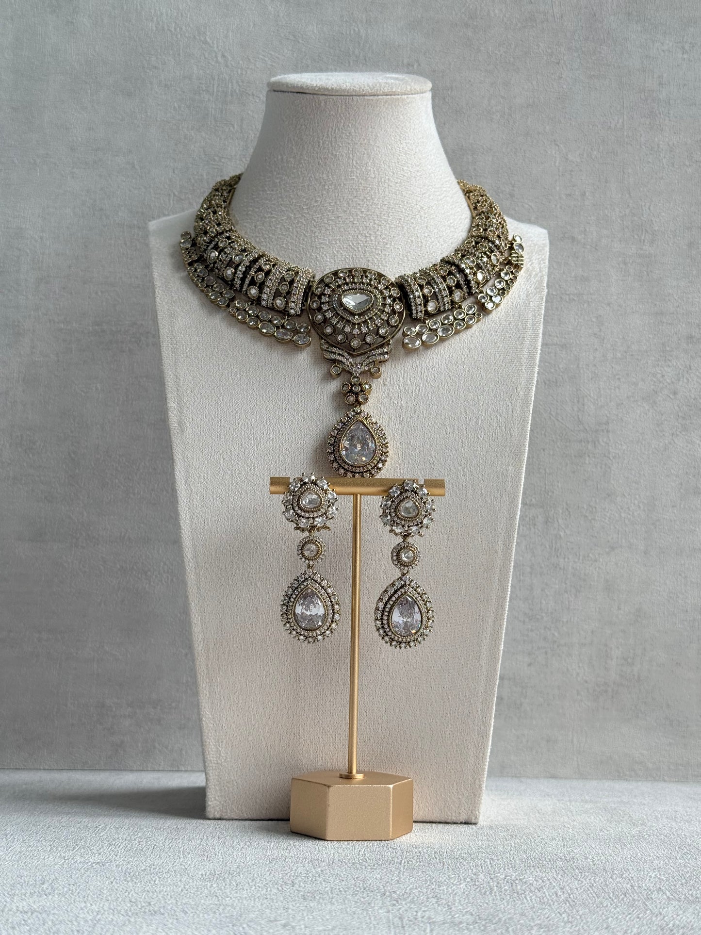Ayura Designs Ahana Necklace Set with Earrings – Crystal Teardrop Stones & Moissanite Detailing