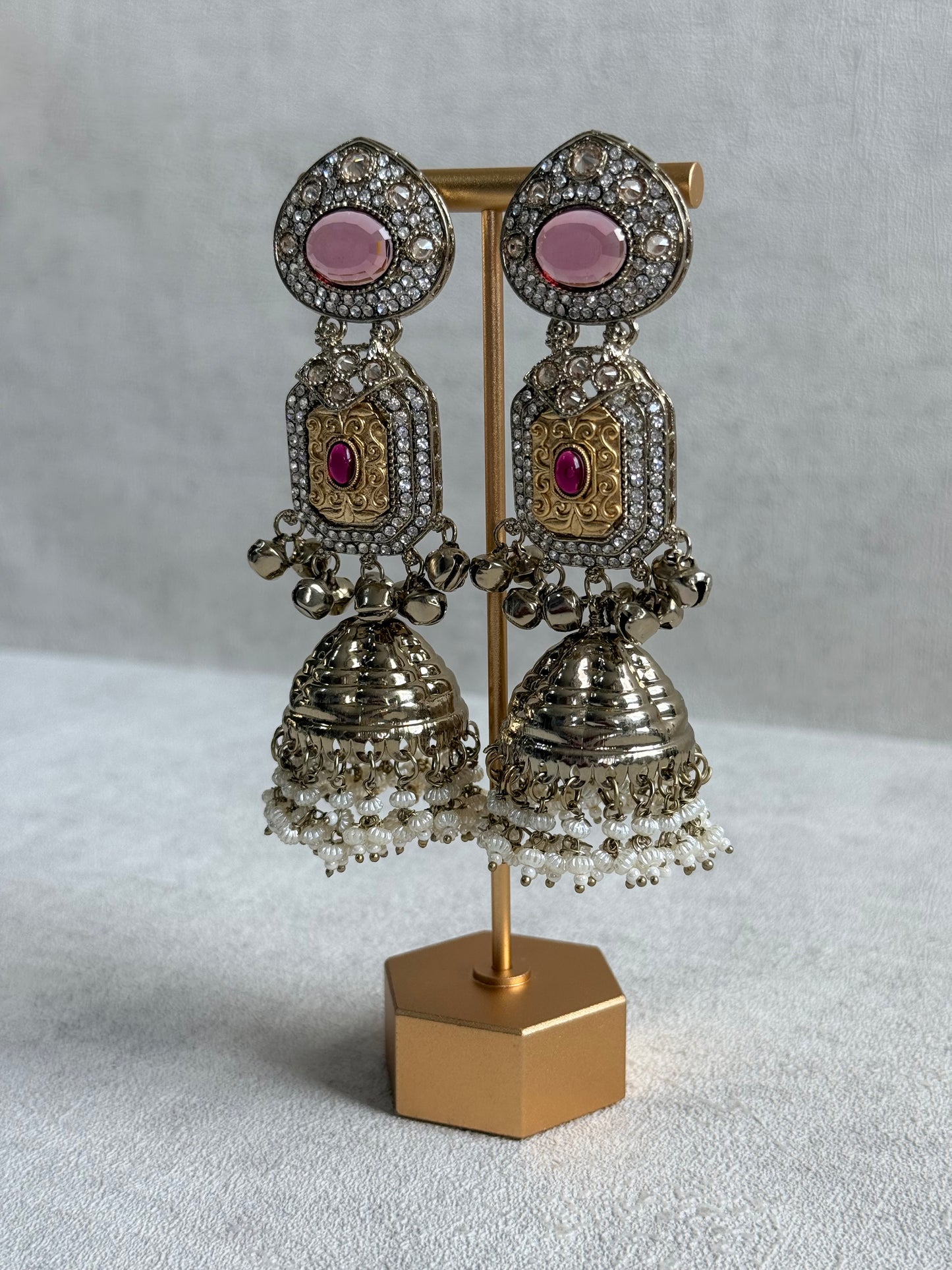 Ayura Designs Maara Jhumkis – Champagne Gold with Rose Pink & Rani Pink Stones, Crystals, Ghungroos & Pearl Detailing