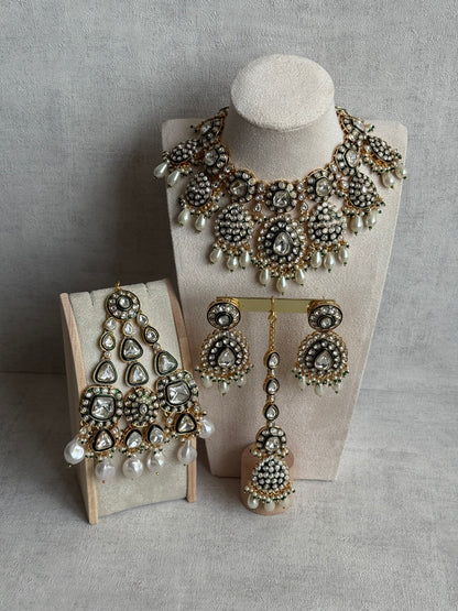 Ayura Designs Ayesha Bridal Set with Necklace, Earrings, Tikka & Passa – Emerald Green Enamel, Mirror-Cut Stones, Pearls & Antique Gold Kundan Detailing