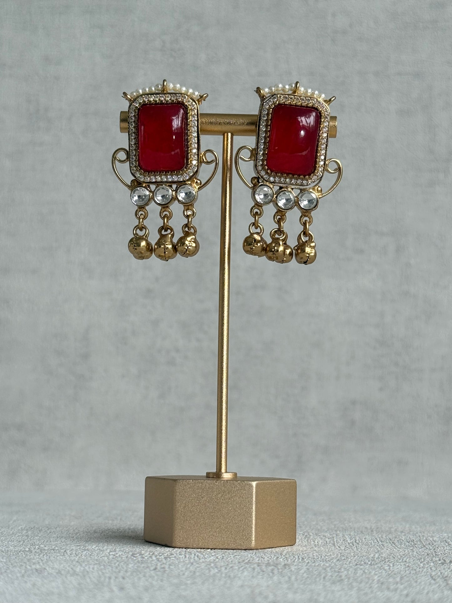 Ayura Designs Aleena Earrings – Ruby Red Stone Stud Earrings with Pearls & Ghungroo Detailing