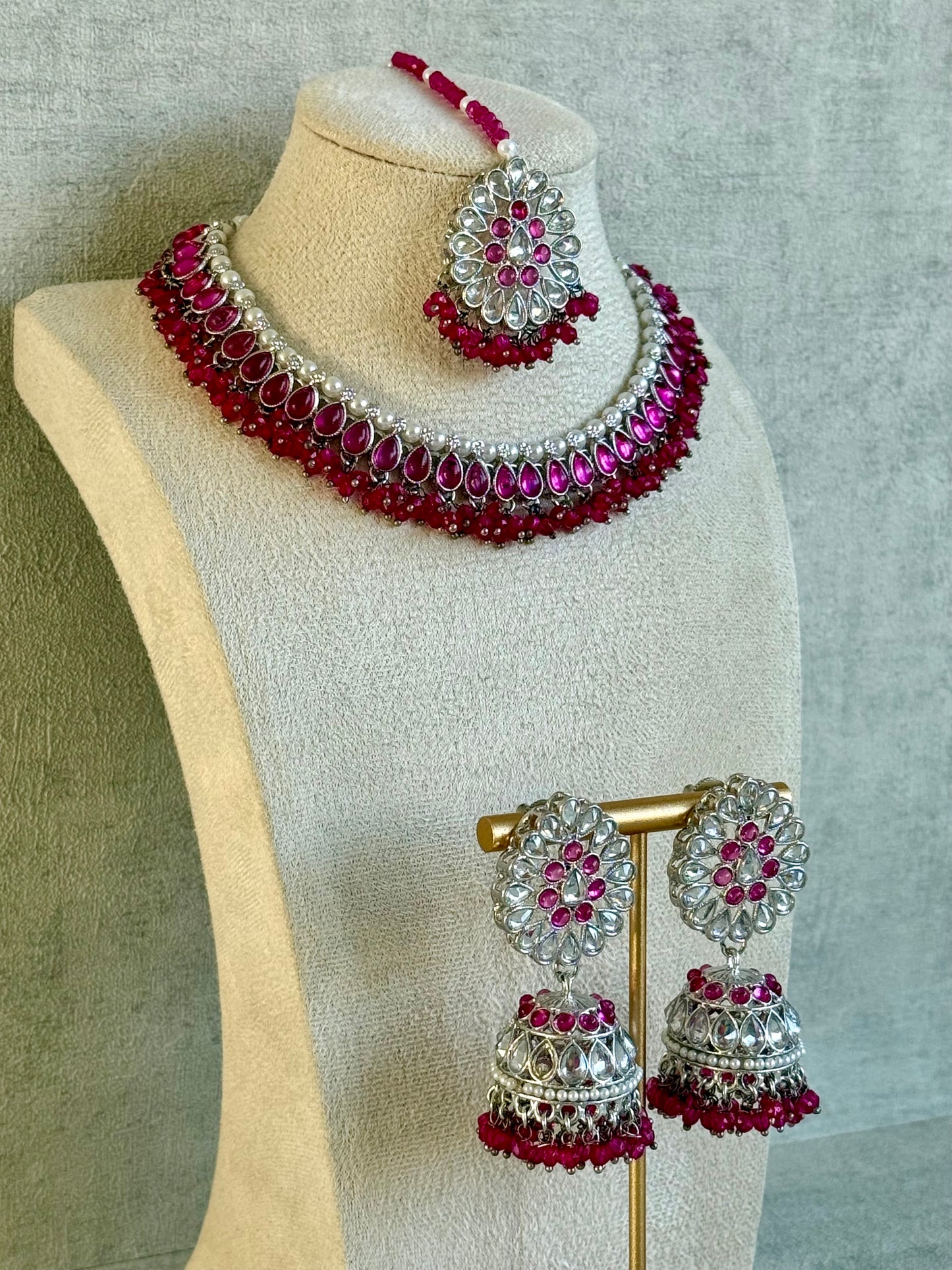 Ayura Designs Saima Set – Necklace, Jhumkis & Tikka in Fuchsia Pink with Silver Finish
