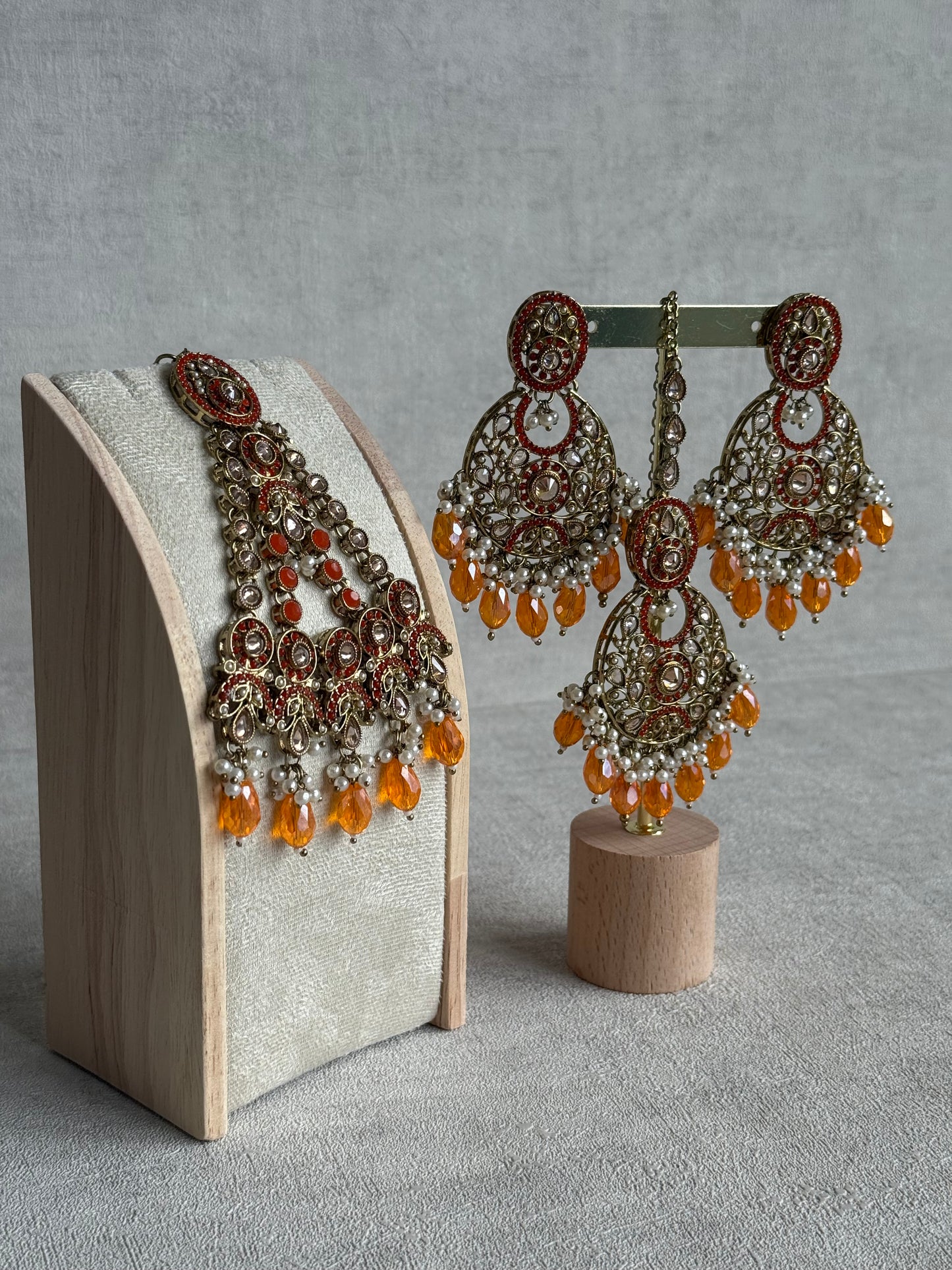 Ayura Designs Almas Tikka Set with Earrings, Tikka & Sahara – Orange Beads & Antique Gold Finish