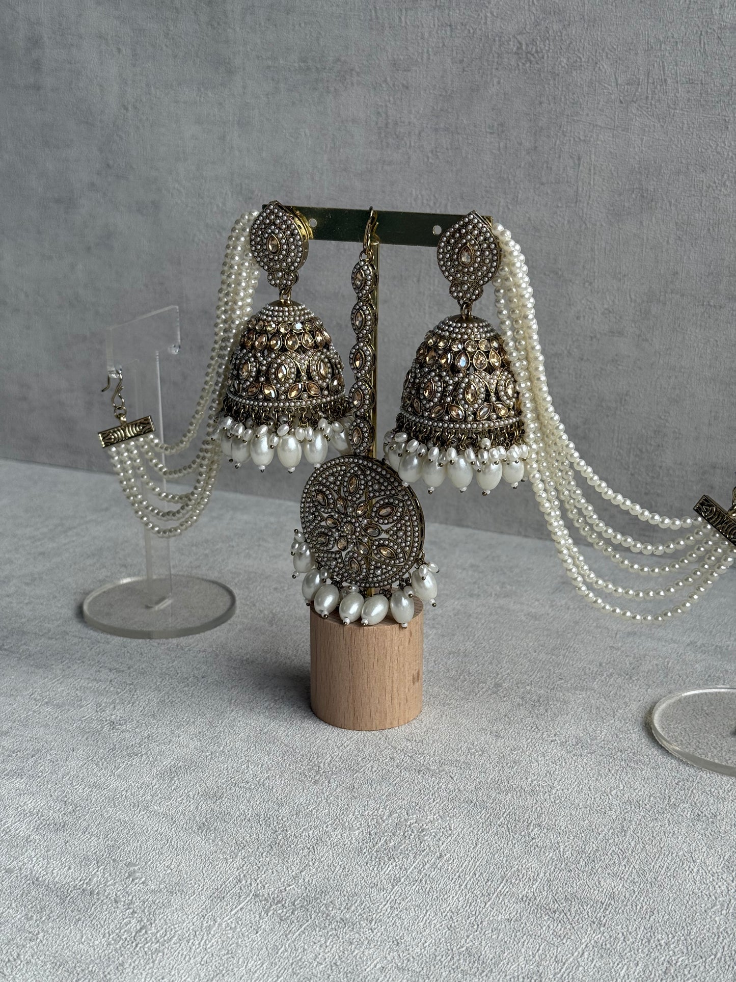 Ayura Designs Amrita Set – Jhumkis with Sahare & Tikka in Ivory Pearls and Antique Gold Finish