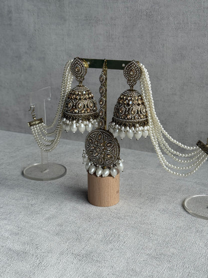 Ayura Designs Amrita Set – Jhumkis with Sahare & Tikka in Ivory Pearls and Antique Gold Finish