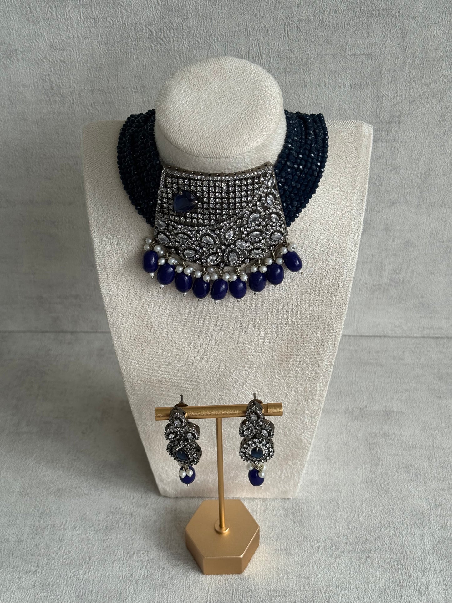 Ayura Designs Summer Choker Set with Earrings – Midnight Blue Beads & Oxidised Silver Finish