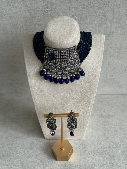 Ayura Designs Summer Choker Set with Earrings – Midnight Blue Beads & Oxidised Silver Finish