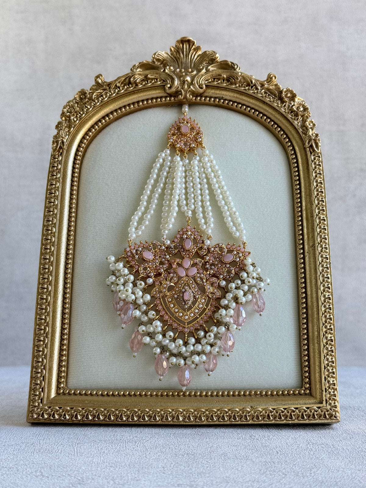 Ayura Designs Zahara Jhoomar Passa – Blush Pink Stones, Ivory Pearls & Gold Finish