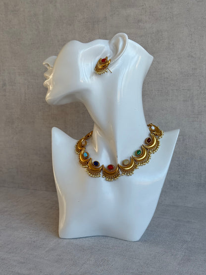 Ayura Designs Laksha Set with Earrings – Antique Gold Crescent Motifs, Multicolour Stones & Pearl Detailing