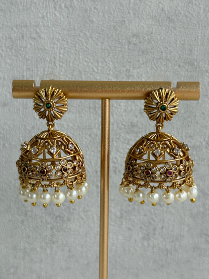 Ayura Designs Parul Jhumkis – Antique Gold with Multicolour Stones & Pearl Drops