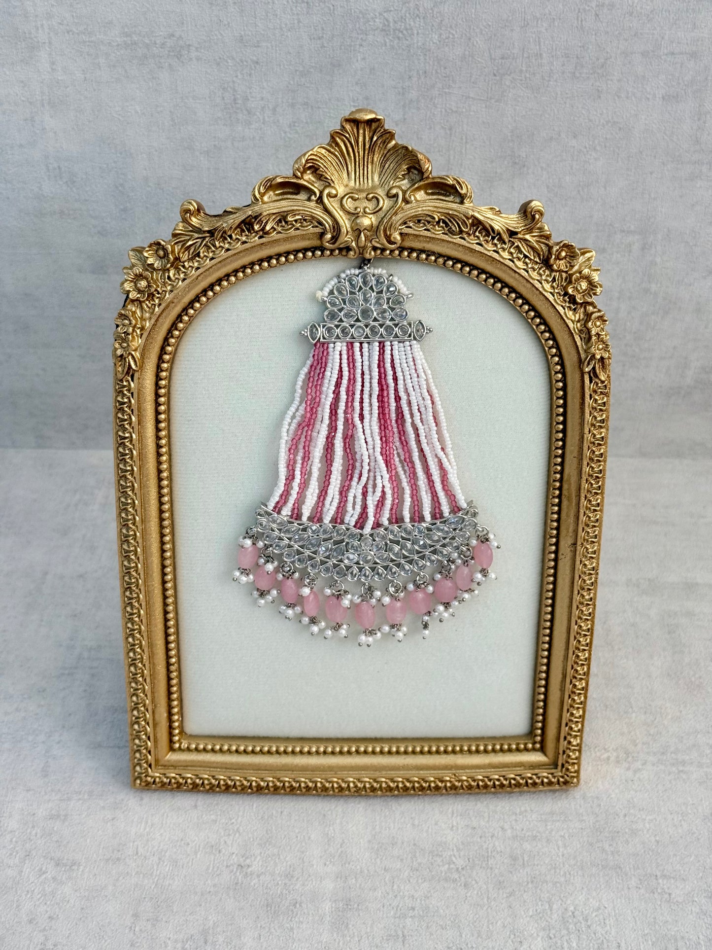 Ayura Designs Ash Jhoomar Passa – Blush Pink Beads with Mirror Cut Stones & Silver Finish