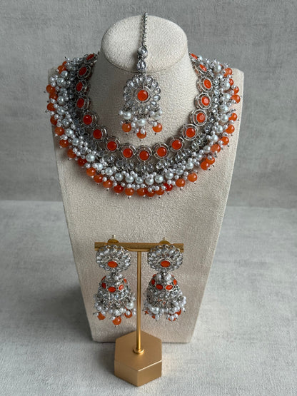 Ayura Designs Barira Set – Necklace, Jhumkis & Tikka with Orange Stones, Pearls & Antique Silver Finish