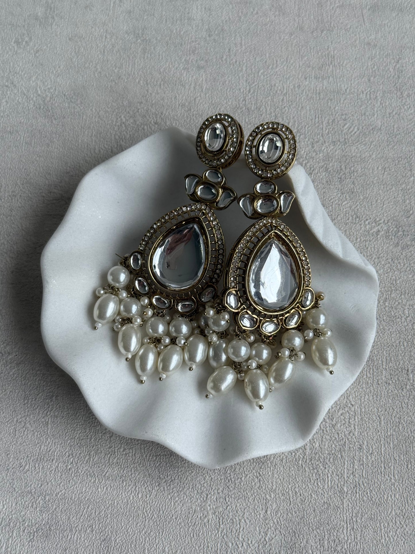 Ayura Designs Nageen Earrings – Antique Gold Jhumkis with Mirror-Cut Stones & Ivory Pearl Drops