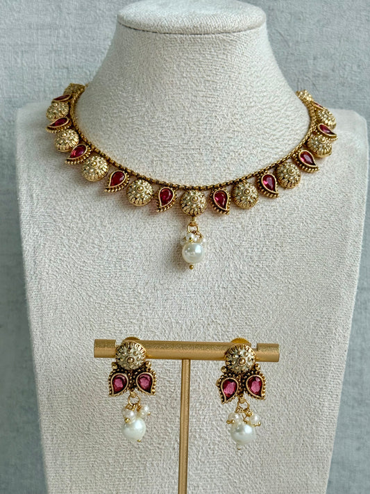 Ayura Designs Mayura Necklace Set with Earrings – Antique Gold Meenakari Motifs with Pearl Drop & Rani Pink Stones