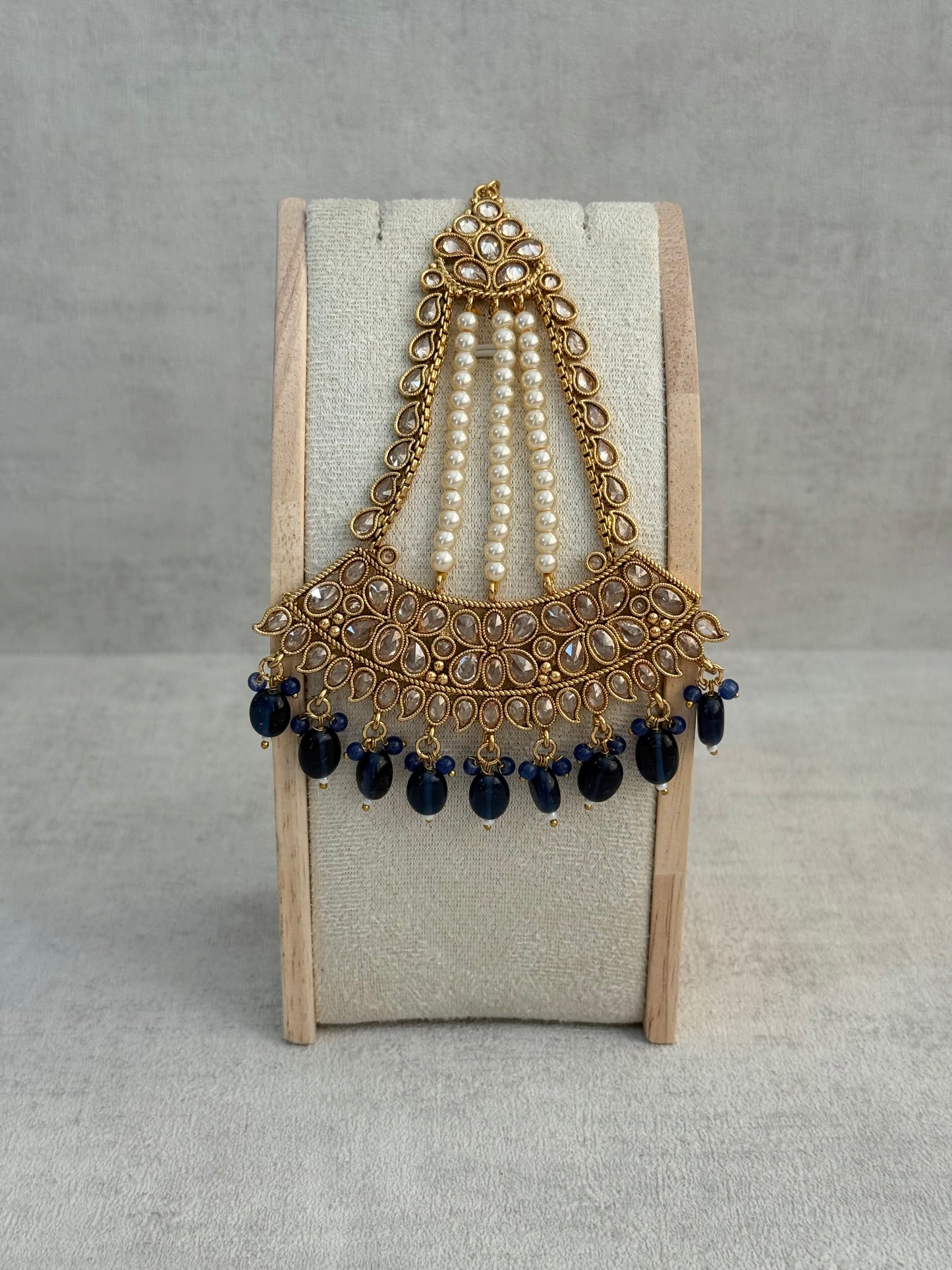 Ayura Designs Ramzi Jhoomar Passa – Antique Gold with Kundan Detailing, Pearl Strands & Ink Blue Drops