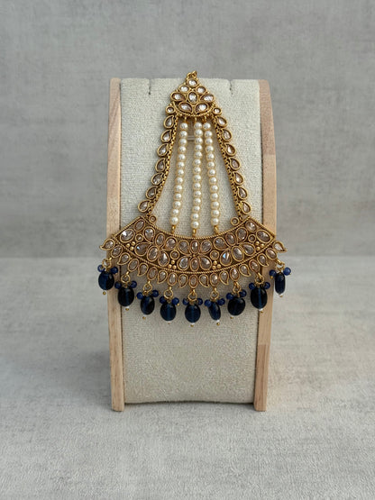 Ayura Designs Ramzi Jhoomar Passa – Antique Gold with Kundan Detailing, Pearl Strands & Ink Blue Drops