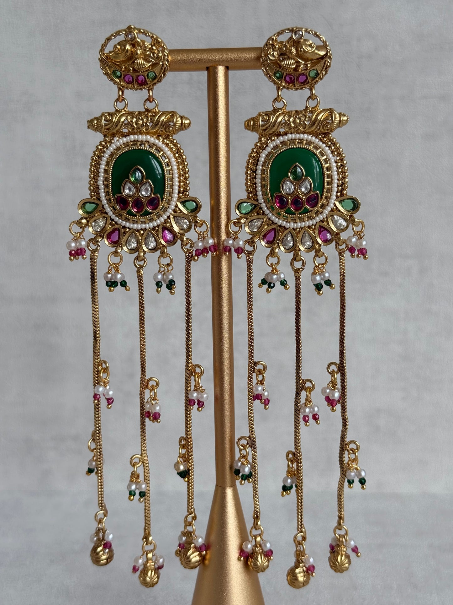 Ayura Designs Kaveri Earrings – Gold Long Chain Drop Earrings with Kundan, Pearls & Ghungroo Detailing – Emerald Green