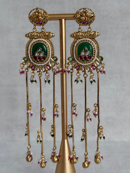 Ayura Designs Kaveri Earrings – Gold Long Chain Drop Earrings with Kundan, Pearls & Ghungroo Detailing – Emerald Green