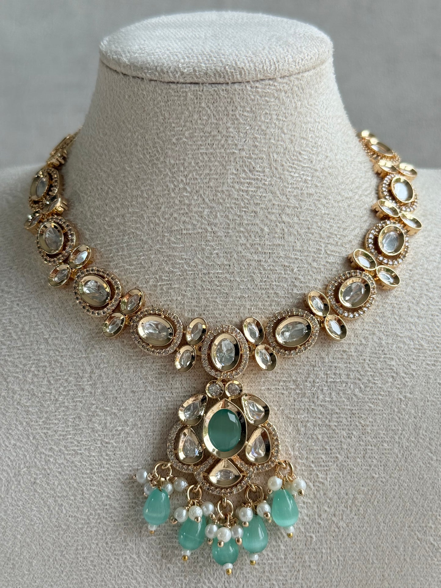 Ayura Designs Edina Necklace Set with Earrings – Kundan, Mint Green Stones & Pearl Detailing