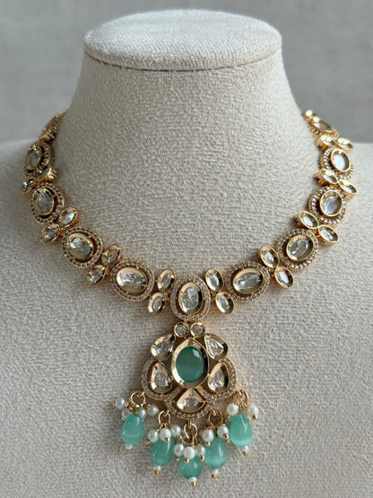 Ayura Designs Edina Necklace Set with Earrings – Kundan, Mint Green Stones & Pearl Detailing