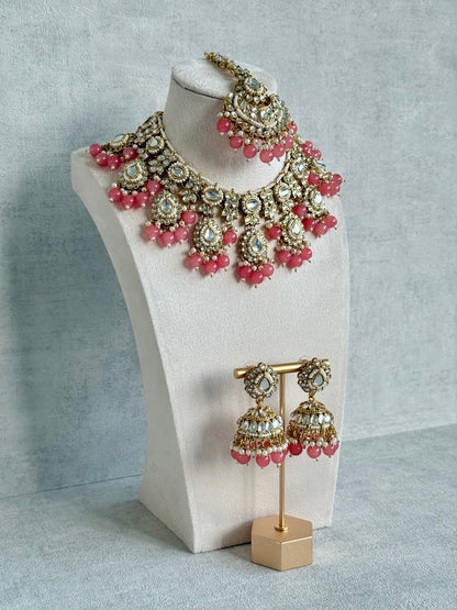 Ayura Designs Iyla Set with Necklace, Earrings & Tikka – Kundan Detailing, Ivory Pearl Drops & Peach Beads