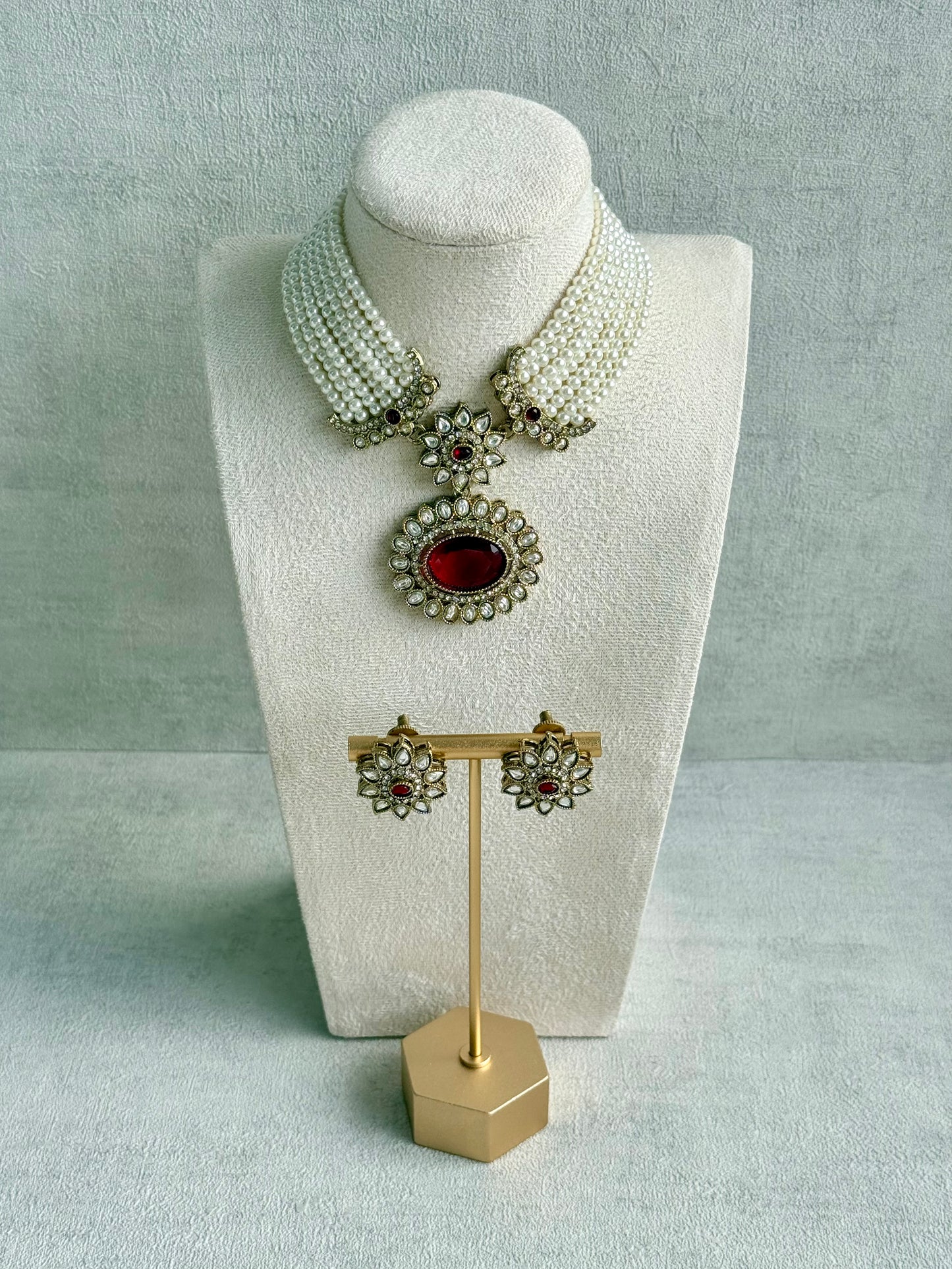 Ayura Designs Amaya Necklace Set with Studs – Antique Finish in Ruby Red Stones with Pearl Strands