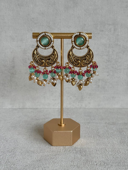 Ayura Designs Mehr Choker Set with Earrings & Tikka – Mint Green Stones, Ruby Pink Beads, Pearl Strands & Antique Gold Finish