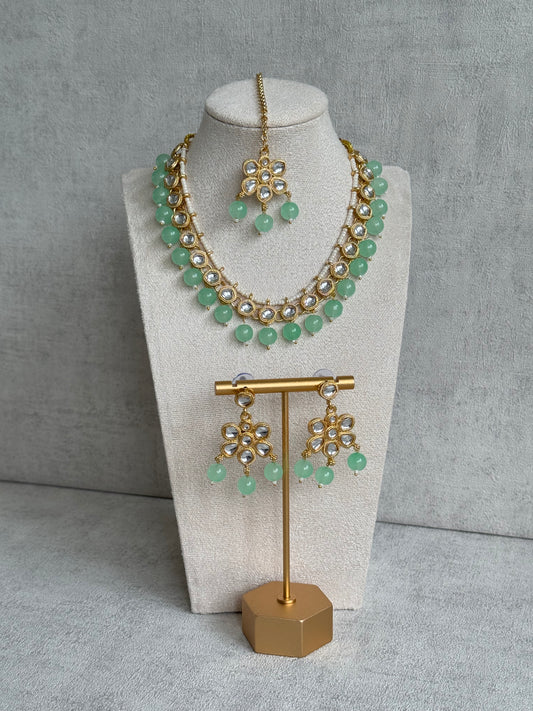 Ayura Designs Dalia Set with Earrings & Tikka – Mint Green with Kundan & Floral Motifs