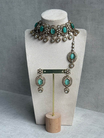 Ayura Designs Emanya Choker Set – Choker, Earrings & Tikka with Mirror-Cut Stones, Aqua & Antique Gold Detailing