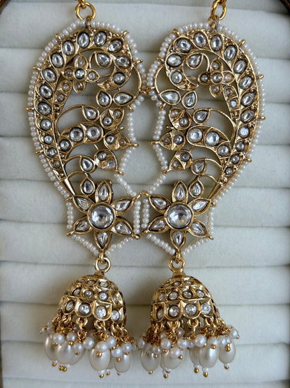 Ayura Designs Urisha Ear Climber Jhumkis – Pearl & Kundan Earrings, Indian Pakistani Bridal Wedding Jewellery
