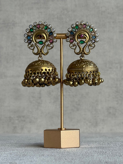 Ayura Designs Moraya Jhumkis – Multicolour Peacock Motif with Antique Gold Detailing