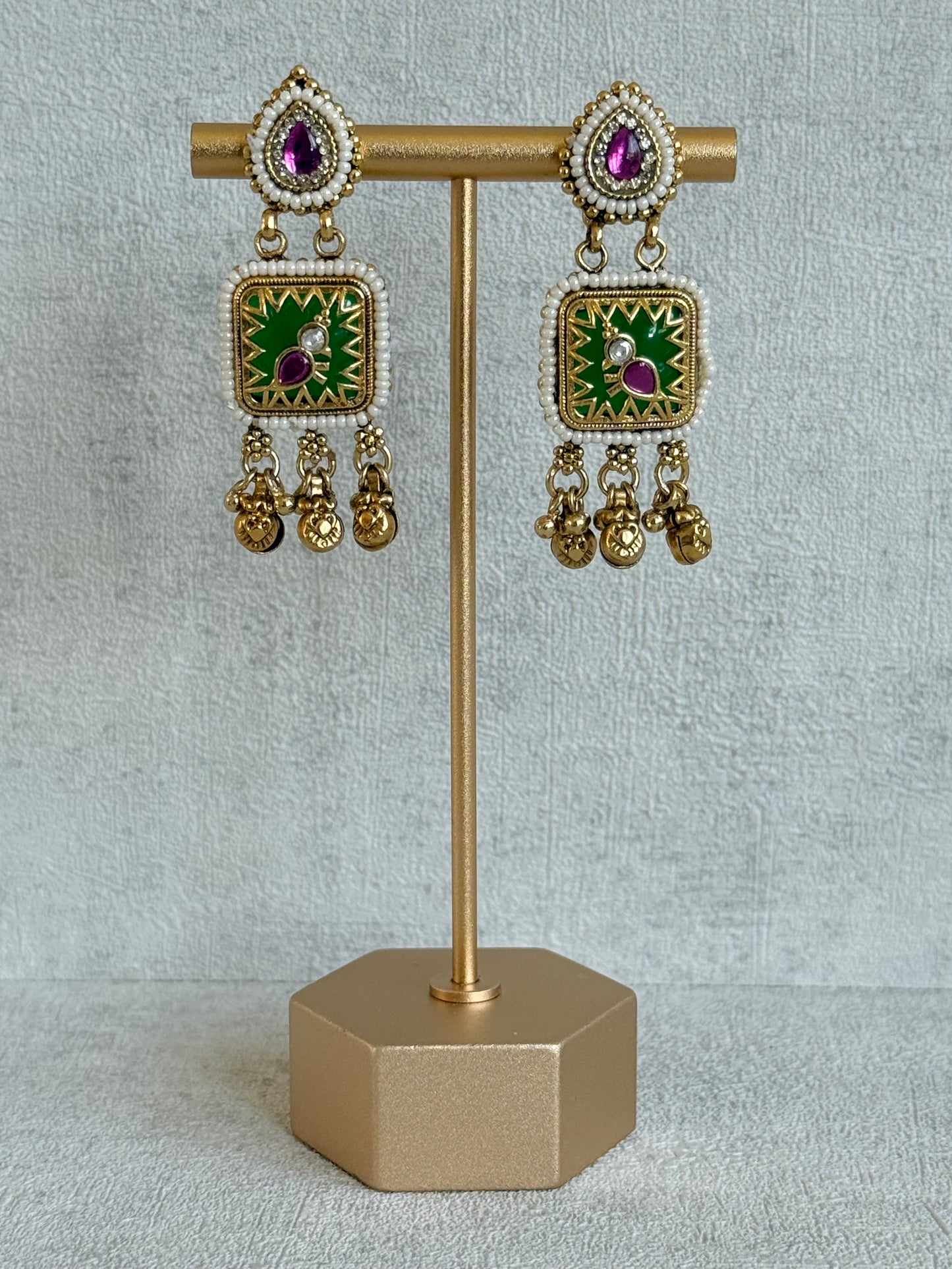 Ayura Designs Inira Drop Earrings – Emerald Green Enamel Bird Earrings with Rani Pink Kundan & Ghungroo Drops