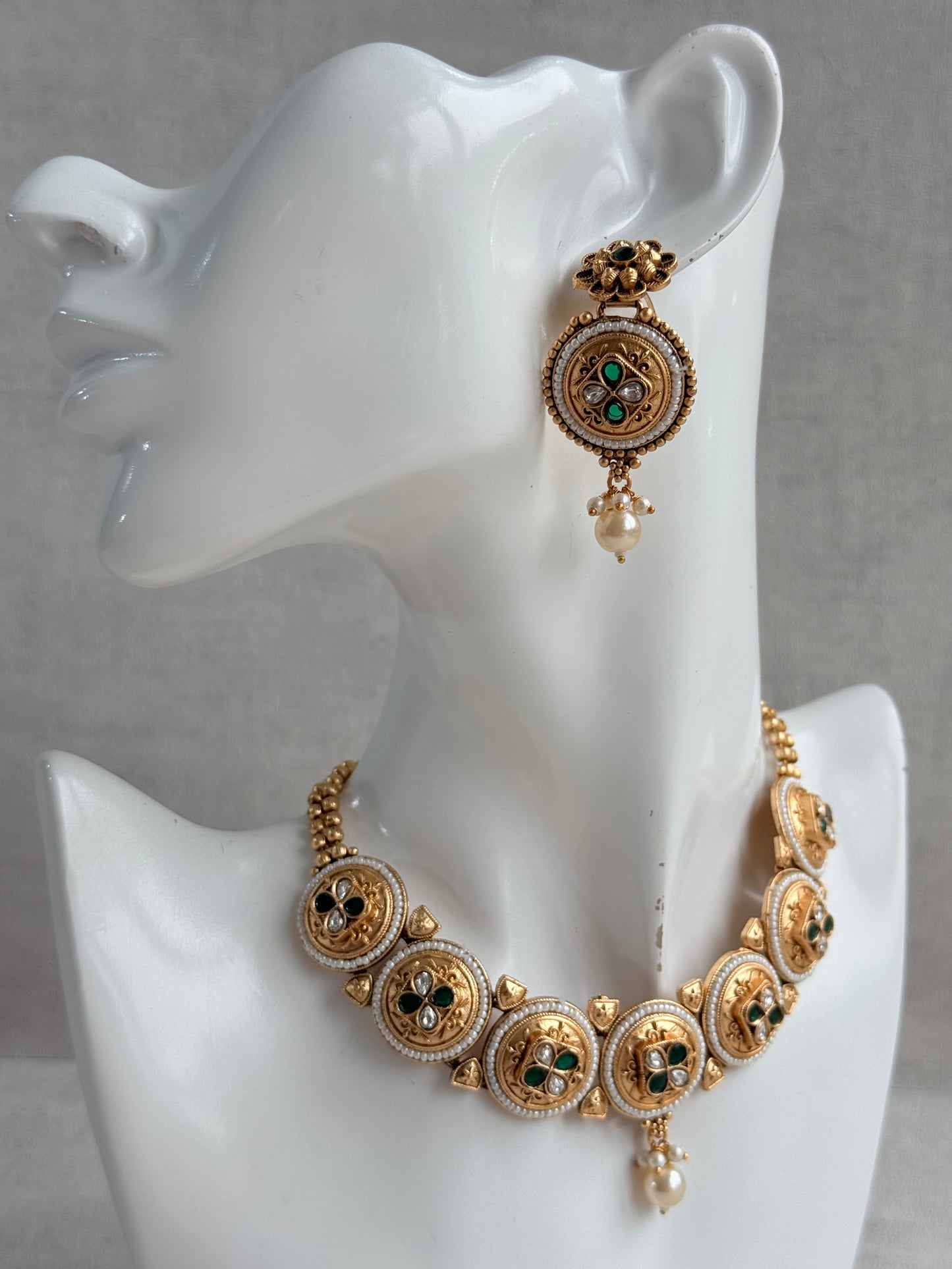 Ayura Designs Kaya Necklace Set with Earrings – Emerald Green Kundan Stones, Pearls & Antique Gold Finish