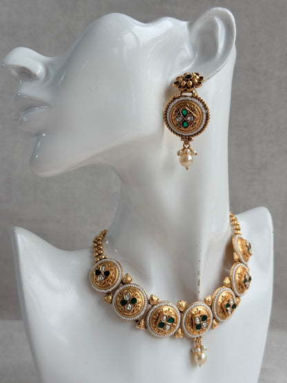 Ayura Designs Kaya Necklace Set with Earrings – Emerald Green Kundan Stones, Pearls & Antique Gold Finish