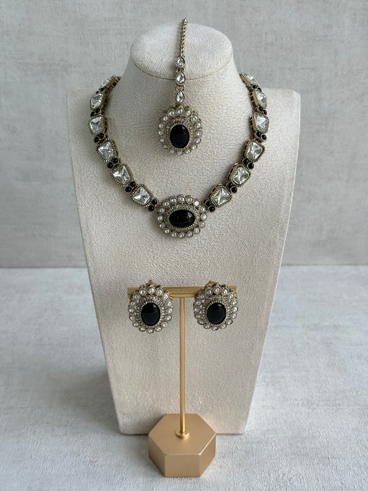 Ayura Designs Inza Necklace Set – Black Stones, Kundan & Crystals with Antique Gold Finish