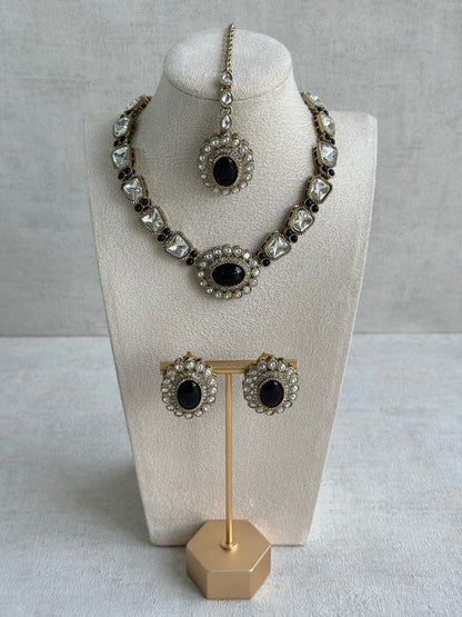 Ayura Designs Inza Necklace Set – Black Stones, Kundan & Crystals with Antique Gold Finish