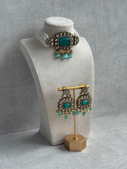 Ayura Designs Eva Choker Set with Earrings – Mirror-Cut Kundan, Pearl Strands & Mint-Green Stones in Antique Gold Finish