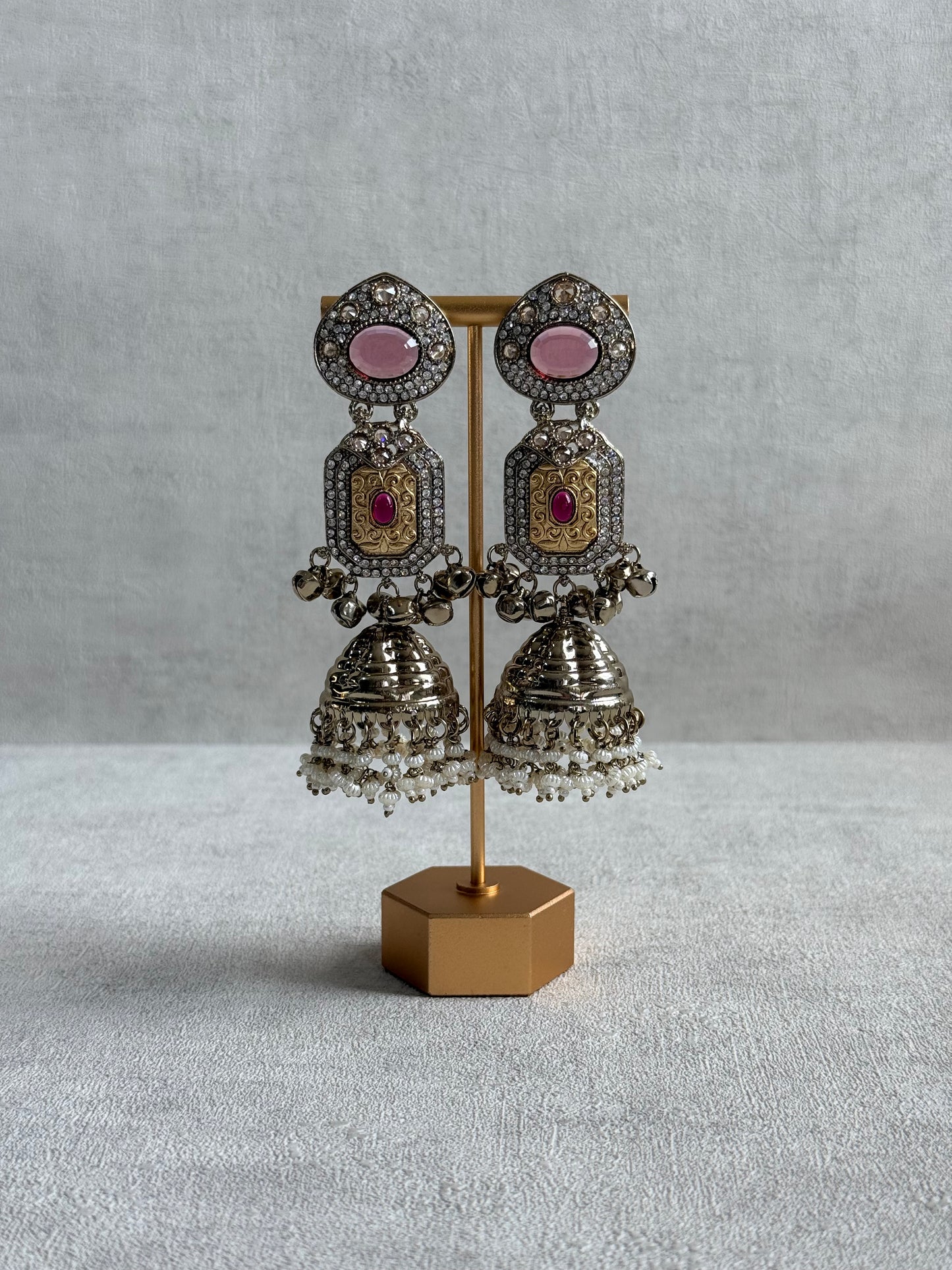 Ayura Designs Maara Jhumkis – Champagne Gold with Rose Pink & Rani Pink Stones, Crystals, Ghungroos & Pearl Detailing