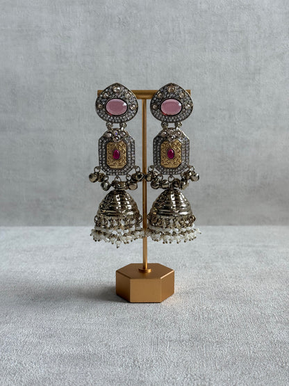 Ayura Designs Maara Jhumkis – Champagne Gold with Rose Pink & Rani Pink Stones, Crystals, Ghungroos & Pearl Detailing
