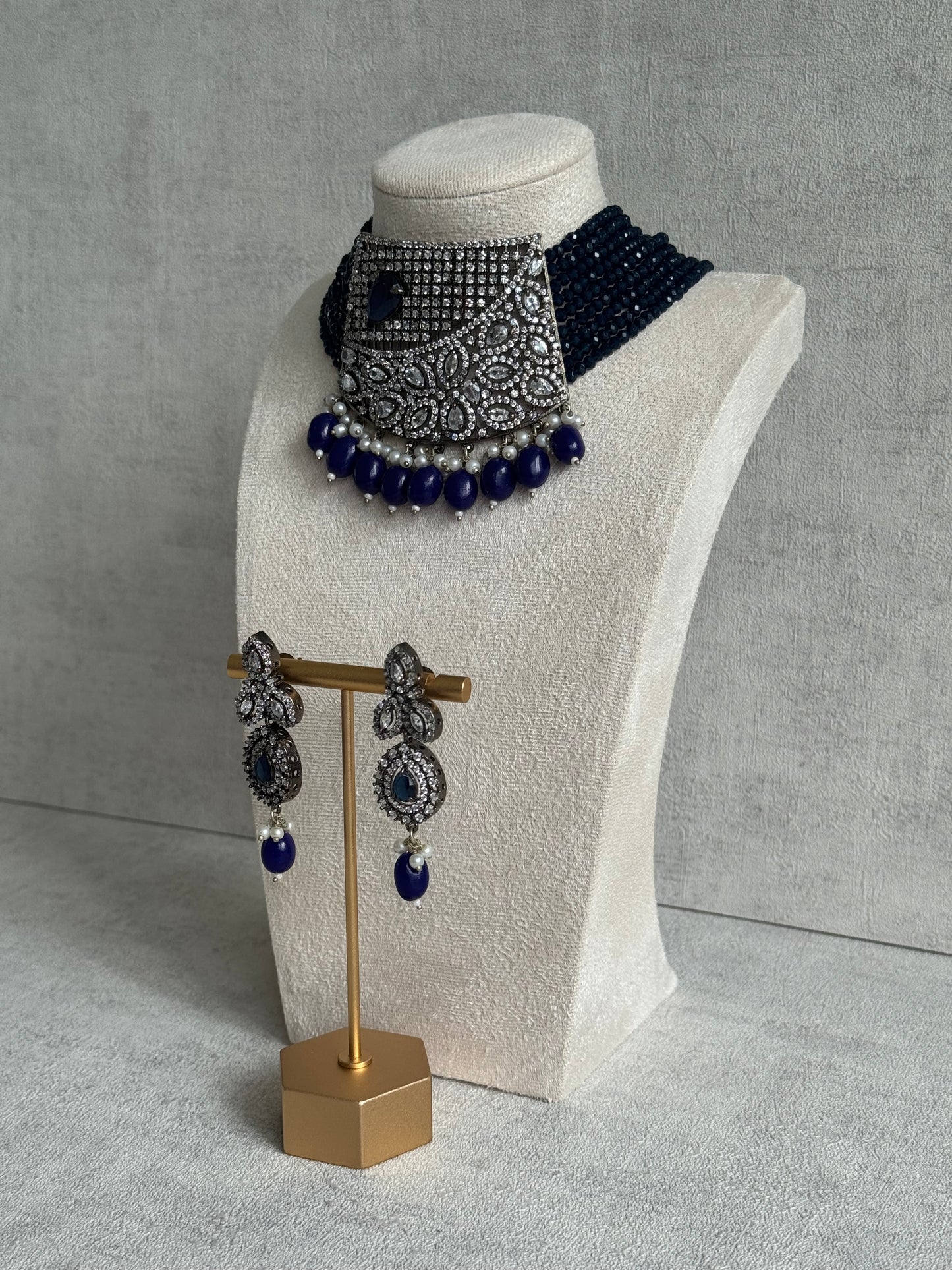 Ayura Designs Summer Choker Set with Earrings – Midnight Blue Beads & Oxidised Silver Finish