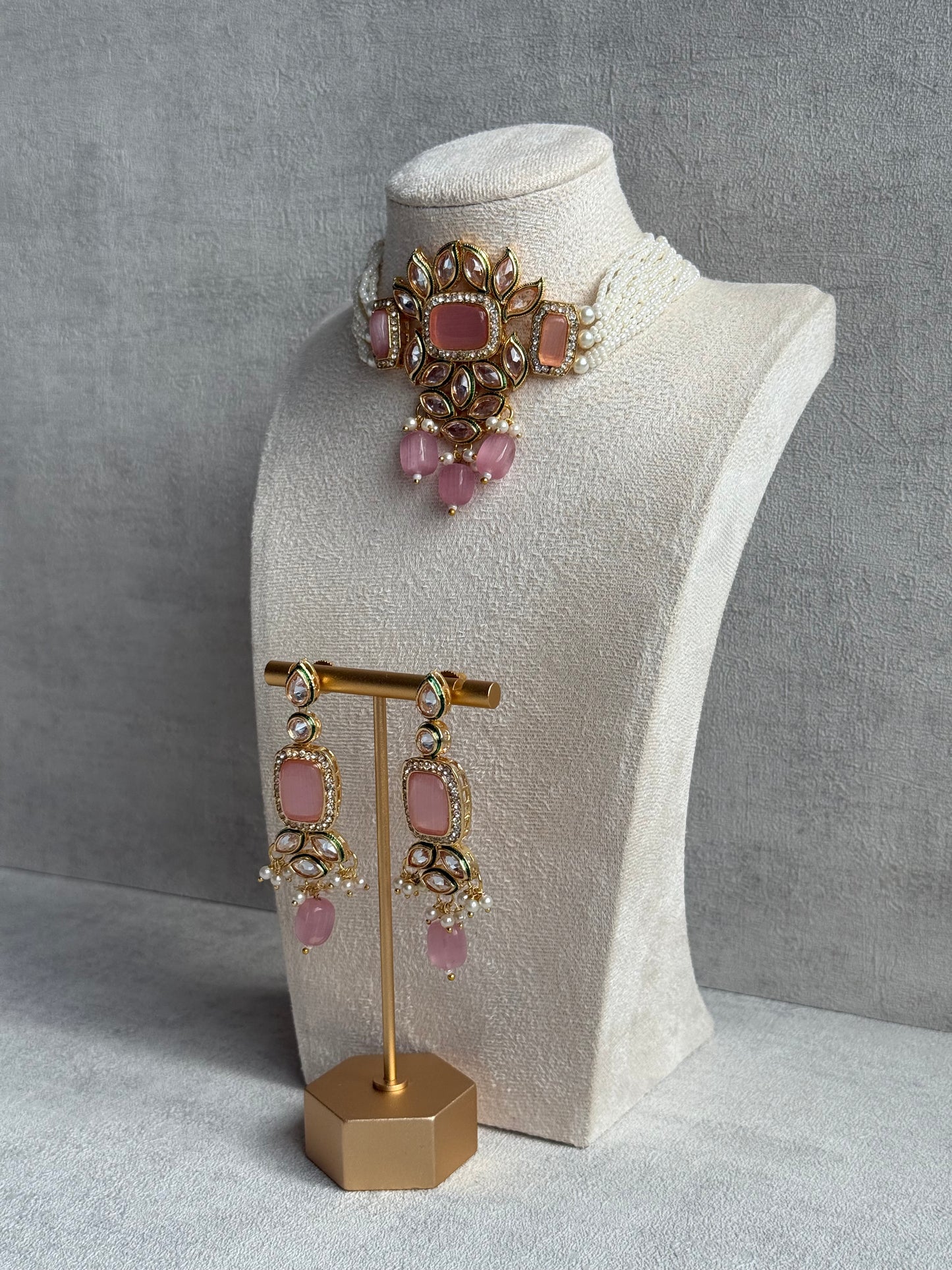 Ayura Designs Raaz Set with Necklace & Earrings – Blush Pink Stones, Kundan Detailing & Antique Gold Finish