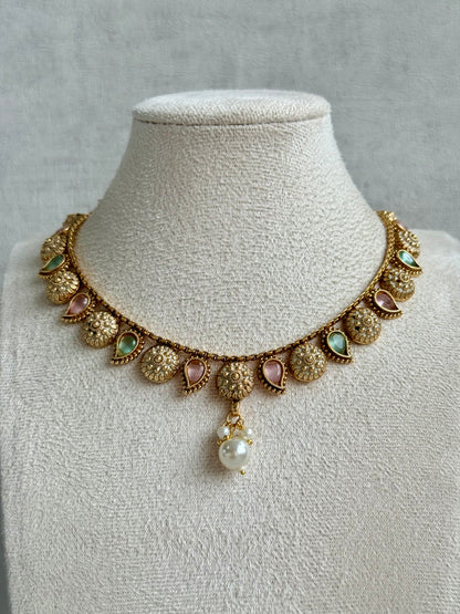 Ayura Designs Mayura Necklace Set with Earrings – Antique Gold Meenakari Motifs with Pearl Drop & Blush Pink and Mint Green Stones